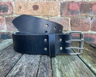 Black 2 Pronged Buffalo Leather Distressed Worn Look Handmade Belt 3.5-4mm Thick Full Grain 1 1/2&quot; (38mm) or 2&quot; (50mm) Wide Leather