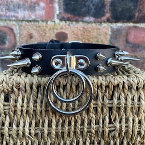 Real Leather Double Spiked D & O-Ring 1 inch wide Choker Necklace Choice of Colours Ring Size and Spikes Hand Made Goth Punk