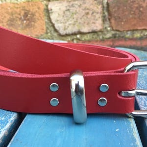 Red Real Leather Belt 3/4 19mm 1 1/2 38mm Choice of width, buckle, keeper loop & size Handmade from leather whole butt splits zdjęcie 6