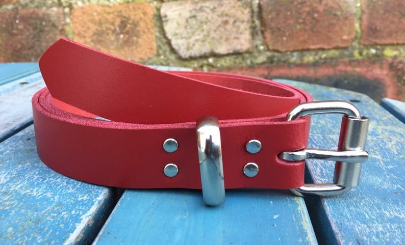 Red Real Leather Belt 3/4 19mm 1 1/2 38mm Choice of width, buckle, keeper loop & size Handmade from leather whole butt splits zdjęcie 6