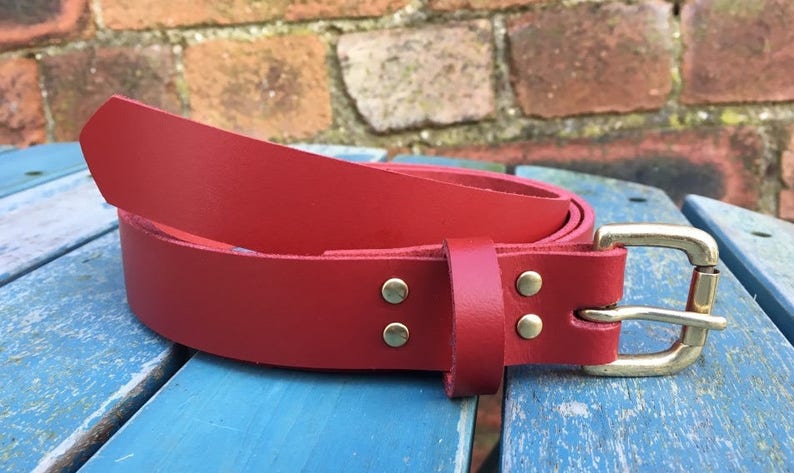 Red Real Leather Belt 3/4 19mm 1 1/2 38mm Choice of width, buckle, keeper loop & size Handmade from leather whole butt splits zdjęcie 7