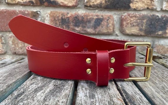 Red Real Leather Belt With Solid Brass Roller Buckle Choice  display picture 1