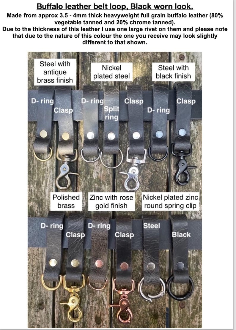 May include: A collection of black buffalo leather belt loops featuring various metal hardware attachments including D-rings, clasps, split rings, and spring clips. The hardware finishes include antique brass, nickel, black, polished brass, and rose gold.