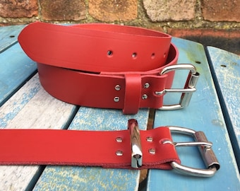 Red Real Leather Belt 3/4" (19mm) - 1 1/2" (38mm) Choice of width, buckle, keeper loop & size Handmade from leather whole butt splits