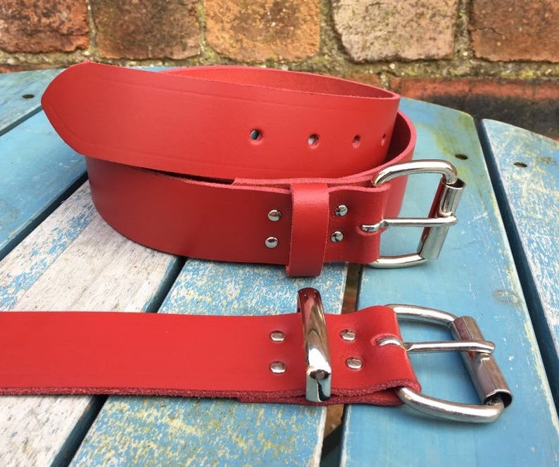 Red Real Leather Belt 3/4 19mm 1 1/2 38mm Choice of width, buckle, keeper loop & size Handmade from leather whole butt splits zdjęcie 1