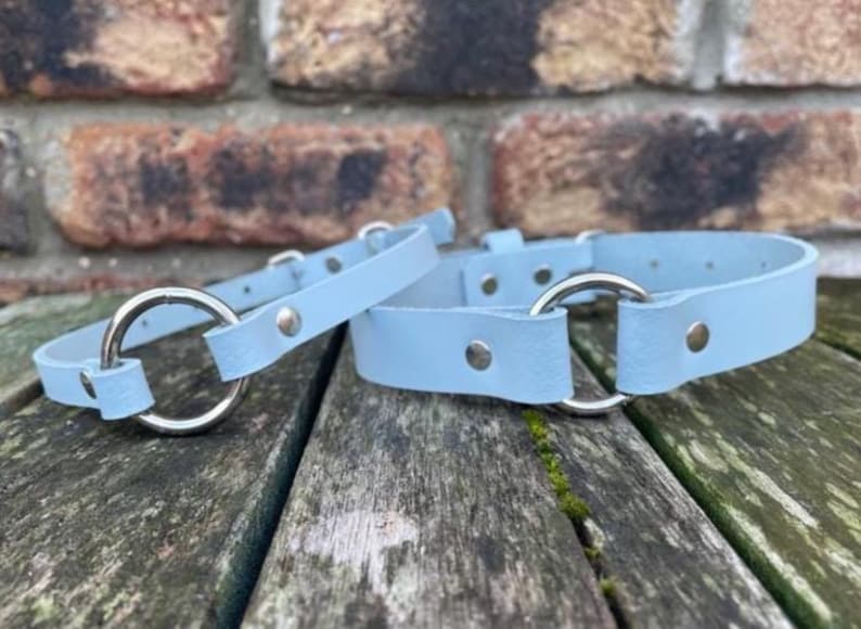 Real leather o-ring choker necklace 10mm or 19mm wide choice of 13 colours 12.5-15.5 inches or custom size handmade collar goth punk Baby blue