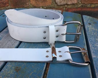 White Real Leather Belt 3/4" (19mm) - 1 1/2" (38mm) Choice of width, buckle, keeper loop & size Handmade from leather whole butt splits