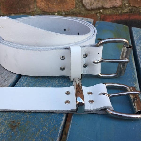 White Real Leather Belt 3/4" (19mm) - 1 1/2" (38mm) Choice of width, buckle, keeper loop & size Handmade from leather whole butt splits