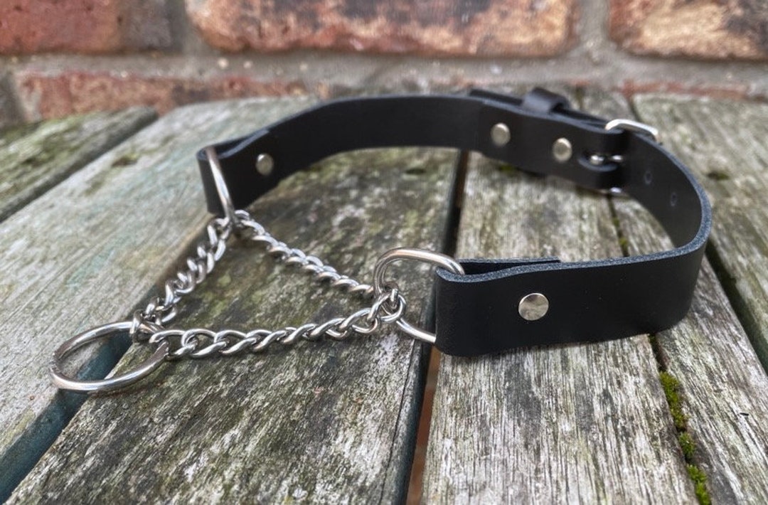 Real Leather Martingale Chain Choker Necklace Choice of Leather & Chain