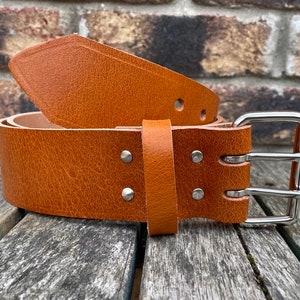 Tan 2 Pronged Buffalo Leather Handmade Plain Belt 3.5-4mm Thick Full Grain 1 1/2&quot; (38mm) or 2&quot; (50mm) Wide Leather