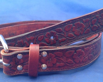 Natural Veg Tan Flower Embossed Leather Belt Handmade Choice of Colours & Buckles Valencia Leather
