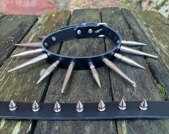 Real leather spiked choker necklace 1/2" to 2" spikes choice of 13 colours 12.5-15.5 inches or custom size handmade collar goth punk