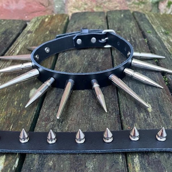 Real leather spiked choker necklace 1/2" to 2" spikes choice of 13 colours 12.5-15.5 inches or custom size handmade collar goth punk