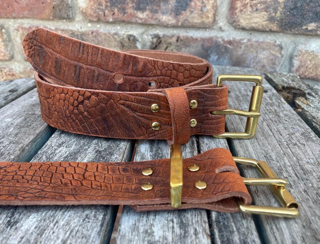 Genuine Buffalo Leather Belt Set with Crackled Metallic Finish Handmade Dark Brown Crackle Leather Belt – Shining Rock Goods main image 4