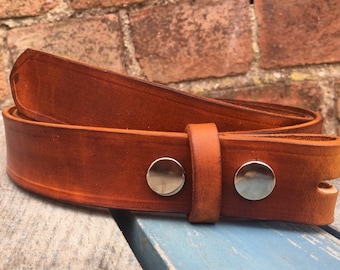 Natural Veg Tan Real Leather 1 1/4 inch (32mm) wide 3-3.5mm thick Press Stud, Snap Belt Choice of Studs, Colour Handmade
