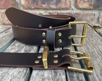 Dark Brown Real Leather Belt with Solid Brass Roller Buckle Choice of width 3/4" (19mm) - 2" (50mm) Handmade from leather whole butt splits