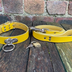 Leather D & O-Ring Lockable 1 wide Choker and Padlock with or without 3/4 wide Leash Necklace Choice of Colours Hand Made Real Leather Yellow
