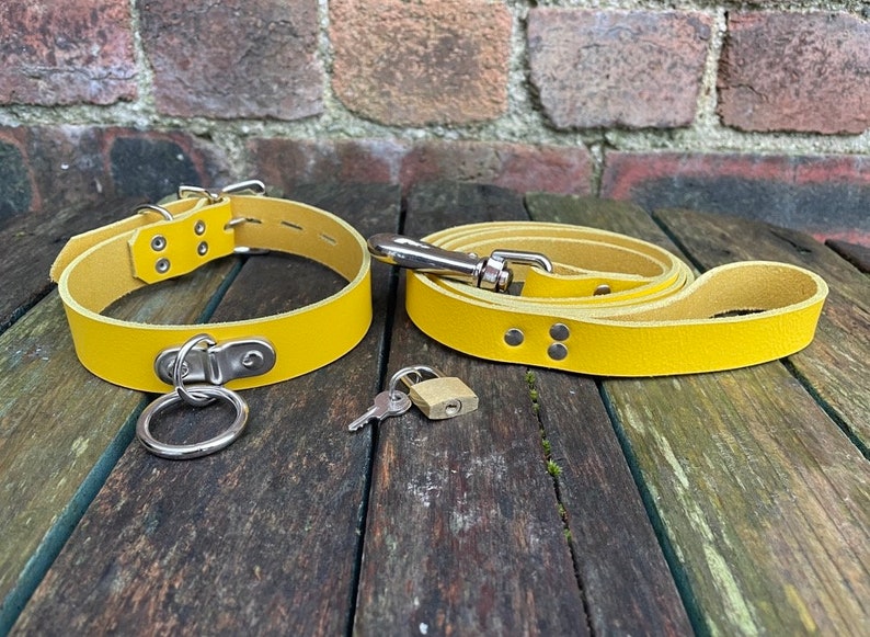 Leather D & O-Ring Lockable 1 wide Choker and Padlock with or without 3/4 wide Leash Necklace Choice of Colours Hand Made Real Leather Yellow