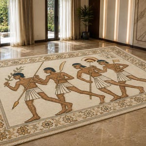May include: A rectangular area rug featuring a cream-coloured background with a decorative border of floral motifs. The central design depicts four figures in profile, wearing white kilts and headbands, carrying spears and a fan, rendered in brown tones.