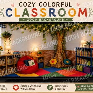 Puede incluir: Una imagen digital de un aula colorida y acogedora en la pantalla de una computadora portátil. La escena muestra un puf rojo, un árbol con luces colgantes, estanterías llenas de libros, girasoles y una alfombra colorida en una habitación.