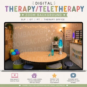 May include: A digital therapy office Zoom background featuring an oval wooden table, a blue lava lamp, string lights, a wicker basket with colorful balls, a small shelf with plants, and a calming strategies poster on a light-colored wall.