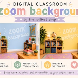 May include: A digital classroom Zoom background featuring two variations of a room with a wooden bookshelf, a globe, a lamp, and a potted plant. The text reads DIGITAL CLASSROOM zoom background by the jolliest shop, INSTANT DOWNLOAD, PERFECT FOR ZOOM & TEAMS, BRIGHT & WELCOMING, DESIGNED BY AN SLP, and Bring warmth, color, and personality to your virtual space!