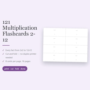 Może przedstawiać: Zestaw 121 fiszek do mnożenia 2-12 na białym papierze. Tekst brzmi 121 Multiplication Flashcards 2-12, Every fact from 2x2 to 12x12, Cut and fold - no duplex printer needed, 8 cards per page, 16 pages, print cut fold done.