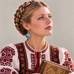 May include: A pair of globe-shaped drop earrings featuring a colorful map design with blue oceans and multicolored landmasses, suspended from silver-toned hooks. The earrings are worn with a white blouse featuring red floral embroidery and tassels.