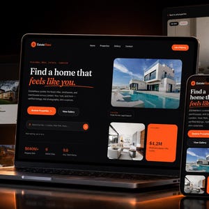 May include: A laptop and a smartphone displaying the EstateHaus real estate website interface. The dark-themed UI features orange accents, property listings with images, search bars, and text reading Find a home that feels like you.
