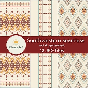 Op de afbeelding: Een digitale collectie van 12 JPG-bestanden met naadloze patronen met geometrische vormen in tinten kastanjebruin, oranje en blauwgroen op een crèmekleurige achtergrond. De tekst luidt: Southwestern seamless, not AI generated, 12 JPG files, Chanjai246.