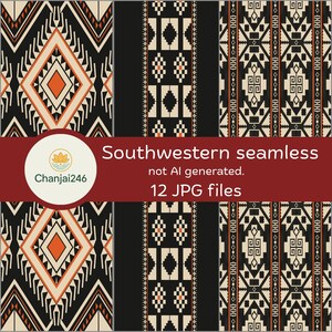 Op de afbeelding: Een digitale collectie van 12 naadloze patronen met geometrische Southwestern-ontwerpen in zwart, crème en oranje. De afbeelding toont drie verticale panelen met herhalende motieven en bevat de tekst Chanjai246 Southwestern seamless not AI generated. 12 JPG files.