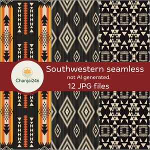 May include: A digital collection of 12 seamless patterns featuring Southwestern geometric designs in black, white, orange, and yellow. The image displays three distinct vertical panels with repeating triangles, diamonds, and stripes, labeled Southwestern seamless, not AI generated, 12 JPG files, and Chanjai246.