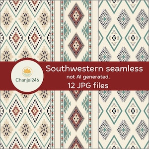 Op de afbeelding: Een digitale collectie van 12 naadloze patronen met geometrische ruitvormen in crème, teal, donkerblauw en terracotta. Een rode horizontale balk in het midden toont de tekst Southwestern seamless, not AI generated, 12 JPG files.