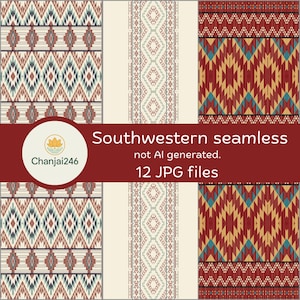 Op de afbeelding: Een digitale collectie van 12 naadloze patronen met geometrische Zuidwestelijke ontwerpen in rood, crème, blauwgroen en bruin. De afbeelding bevat de tekst Southwestern seamless, not AI generated, 12 JPG files en het Chanjai246-logo.