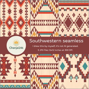 Op de afbeelding: Een digitale collectie van zes naadloze patronen met geometrische Southwestern-motieven in crème, bordeaux, oranje en taling. De afbeelding bevat de tekst Southwestern seamless, Chanjai246 en 5 JPG-bestanden 30,48x30,48 cm bij 300 DPI.