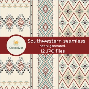 Può includere: Una collezione digitale di 12 motivi Southwestern senza cuciture in formato JPG. I design presentano motivi geometrici a rombi e accenti lineari in tonalità crema, terracotta, verde acqua e blu scuro. Testo: Southwestern seamless, not AI generated, 12 JPG files, Chanjai246.