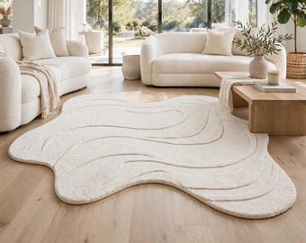 Tapis en laine crème ivoire à motifs abstraits, tufté à la main, tapis de forme organique, tapis moderne ondulé et minimaliste