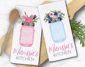 Mason Jar Floral Personalized Kitchen Towels - Perfect gift for Mother's Day, Weddings, and Housewarmings