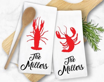 Crawfish Kitchen Towels; Personalized Kitchen Towels; Set of Two; Kitchen Decor; Wedding Gift, Housewarming Gift