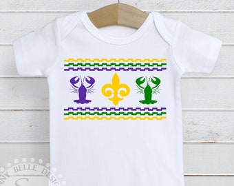 Mardi Gras Baby Outfit; Faux Smocked Mardi Gras Bodysuit; Fleur De Lis and Crawfish Bodysuit