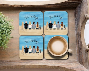 Personalized Hardboard Family Portrait Coasters; Beach Background