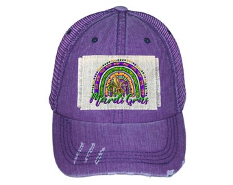Mardi Gras Hat; Mardi Rainbow Patch Hat; Ponytail Hat; Distressed Trucker Hat