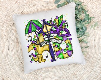 Mardi Gras Pillow Cover with New Orleans Scene; Gift for Parade party host