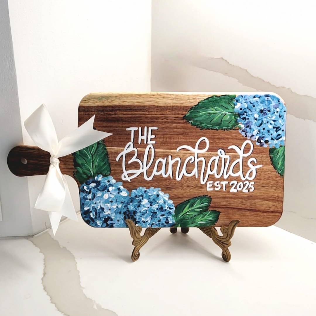 Hand Painted Hydrangea Acacia Wood Cutting Board | Personalized Decorative Kitchen Gift