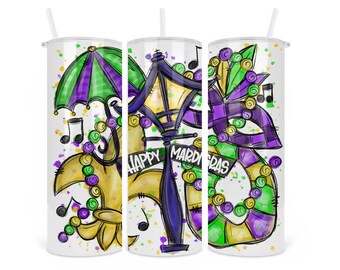 Mardi Gras Tumbler with New Orleans scene; gift for parade goer