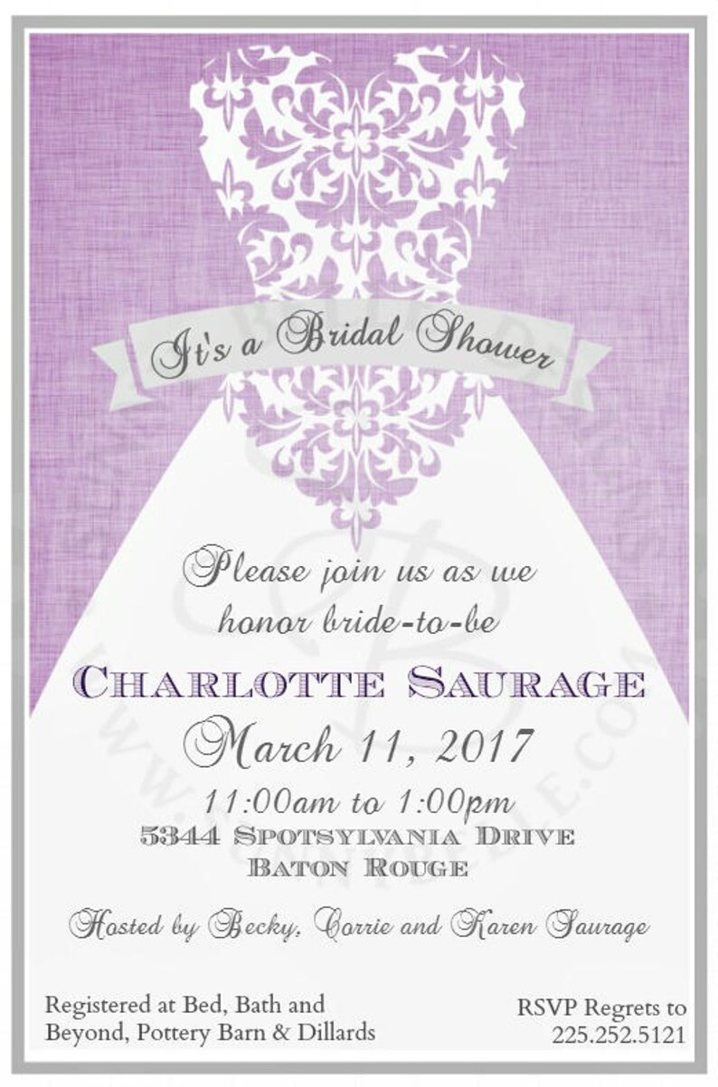 Wedding Dress Shower Invitations; Custom Personalized Shower Invites