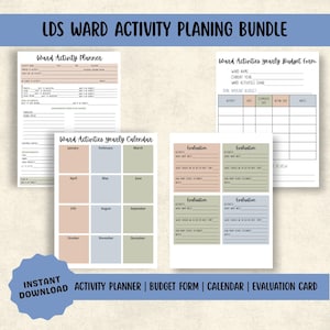 Peut inclure: Un ensemble numérique de planification d'activités paroissiales LDS comprenant un planificateur d'activités, un formulaire de budget annuel, un calendrier annuel et une fiche d'évaluation. Les documents incluent des champs de texte pour la planification.