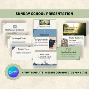 May include: A digital Sunday School presentation template set featuring multiple slide layouts with text prompts like Lesson Title, Opening Question, and Scripture Study. The design uses a muted color palette of sage green, blue, and white.