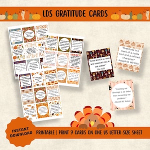 May include: A collection of printable LDS gratitude cards featuring various inspirational quotes about thankfulness, decorated with autumn-themed patterns including pumpkins, mushrooms, and turkeys on a light beige background.