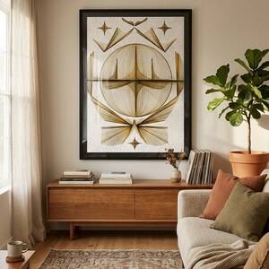Op de afbeelding: Een groot ingelijst kunstwerk met een geometrische goud- en witlijnige tekening van een centrale bol met stralende ster- en vleugelpatronen, in een zwarte lijst boven een houten mediameubel geplaatst.